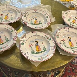 6 Sberna Deruta Italy Quimper Style Pottery Round Bowls 10 inch. Set of Six